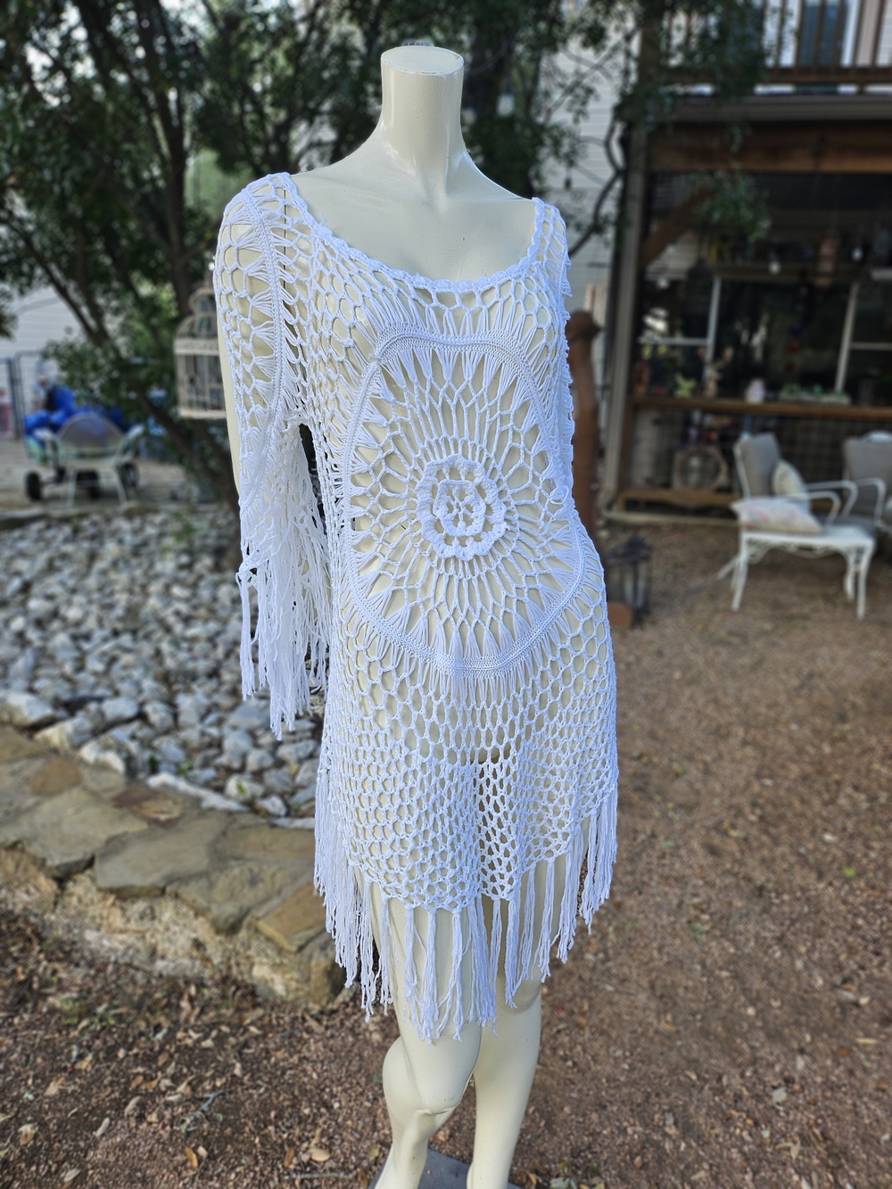 Amiani White Crochet Lace Cover Up Dress Boho Fringed One Size